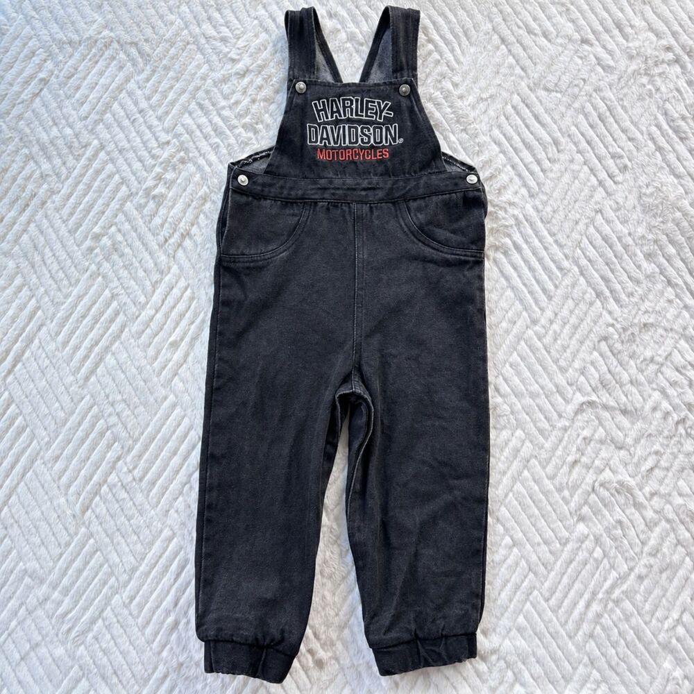 Harley-Davidson Baby 18/24M Black Denim Embroidered Motorcycle Bib Overalls Kids